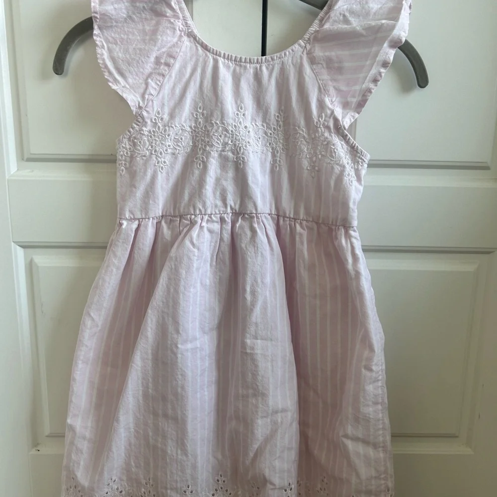 GAP Light Pink Eyelet Cotton Striped Flutter-Sleeve Dress